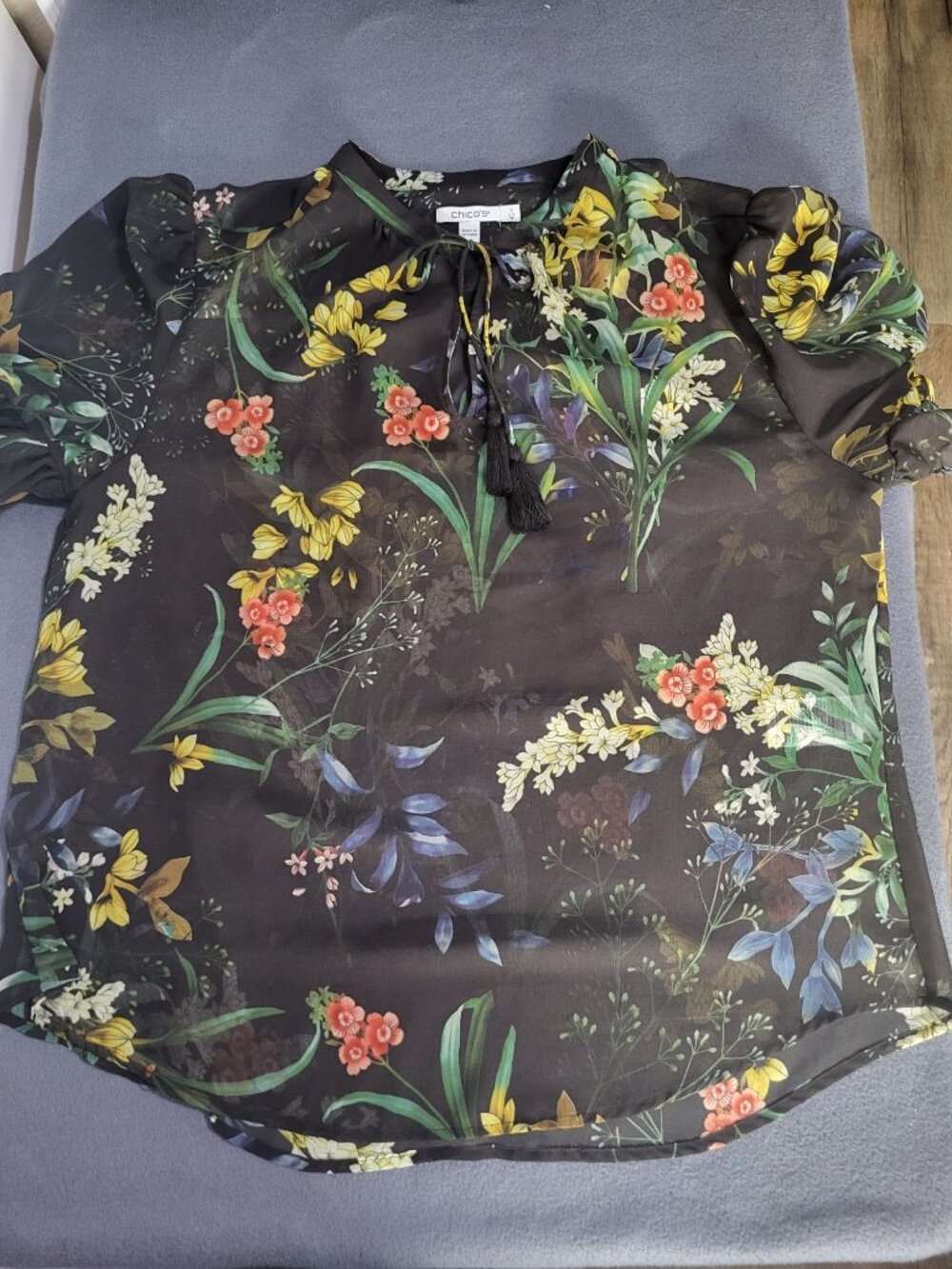 Chico's Womens SZ 2 Black Floral Sheer Blouse Top Whimsigoth Prairie Tassel LG - Picture 3 of 8